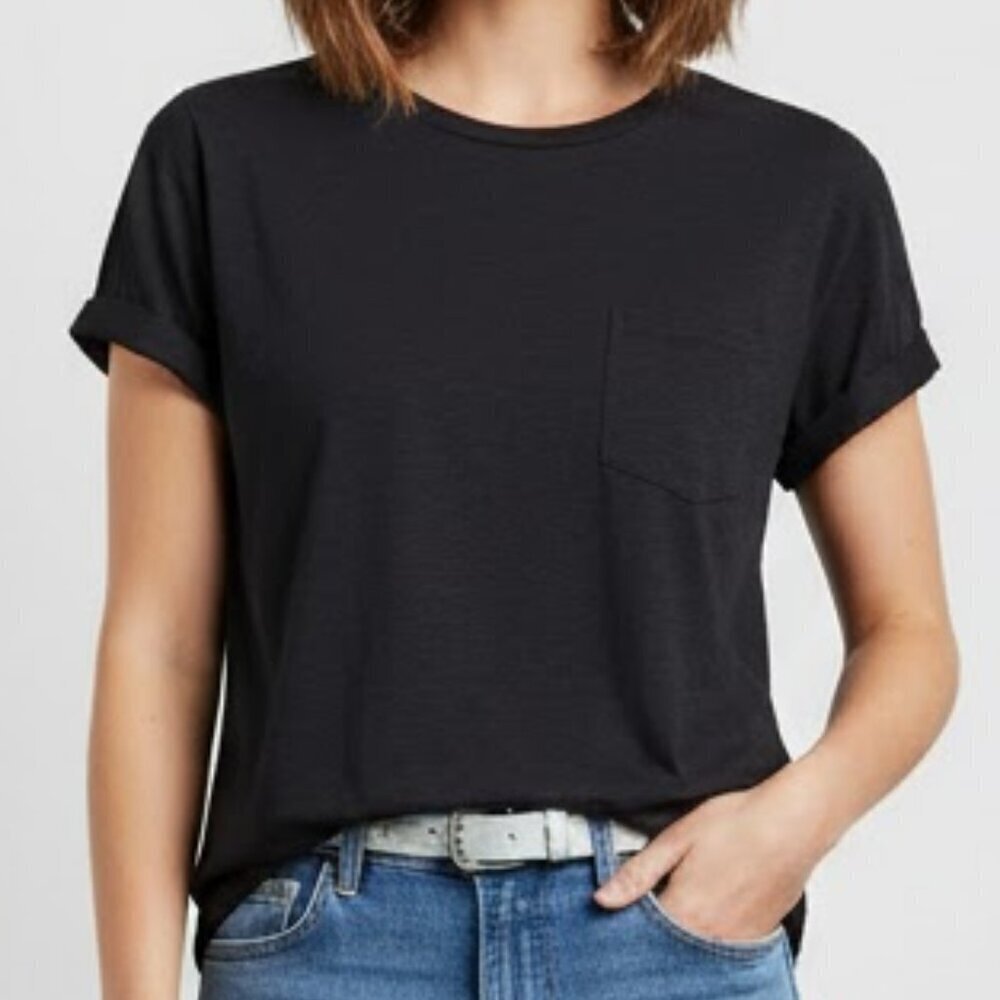 NWT Max Studio Favorite Tee Black Tencel Blend Front Pocket Cuffed Sleeve Tshirt